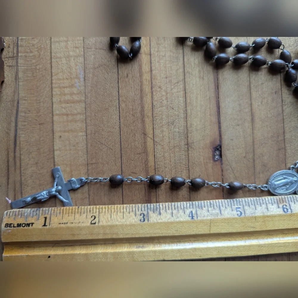 Vintage Wooden Brown Rosary beads Crucifix Virgin Mary